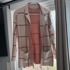 LOFT Cream Open Plaid Cardigan with Rust Windowpane